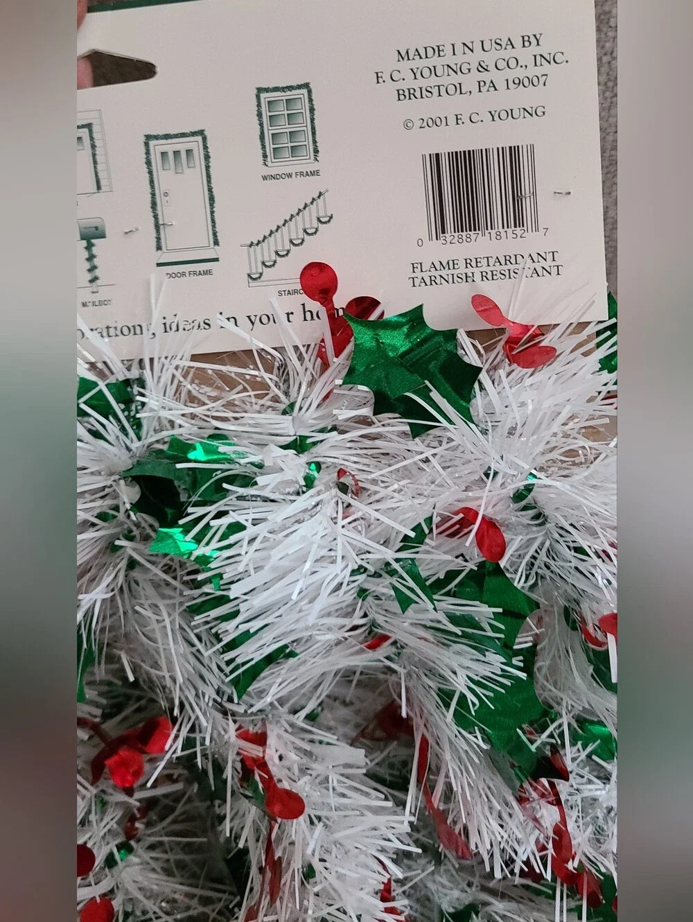White Tinsel Garland w/Green Leaves & Red Berries & Haliogram Snowflake Garland